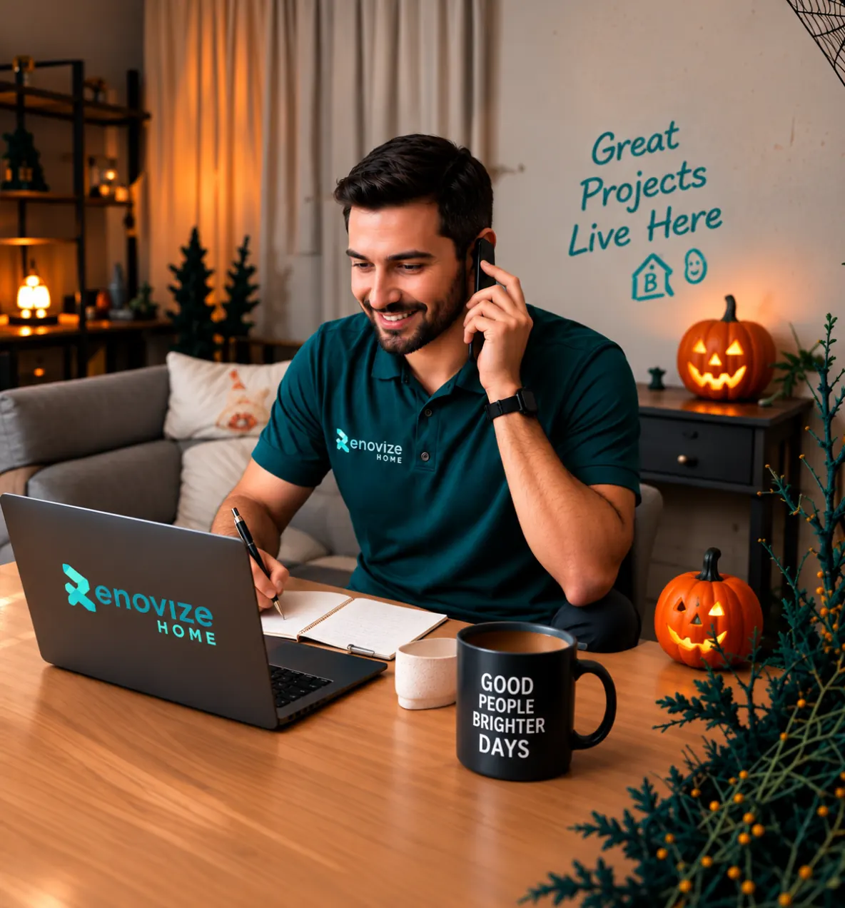 Renovize advisor on a call in a Halloween-decorated home office